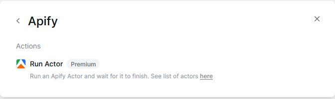 Lindy action search box with &quot;Apify&quot; typed, showing &quot;Run Actor&quot; option, or &quot;Scrapers&quot; category with &quot;Run Actor&quot; highlighted.