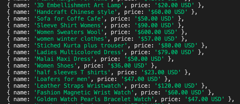 Products logged to the console