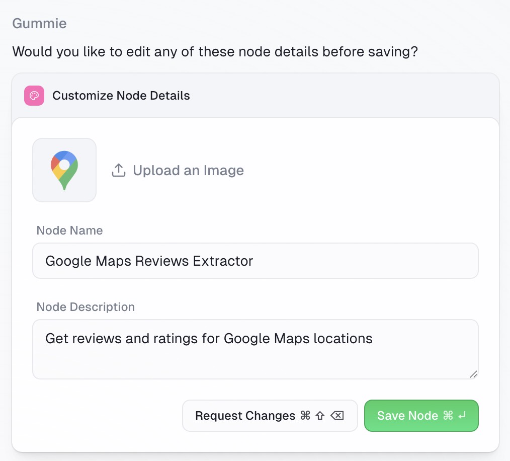 Google Maps node with test values and outputs